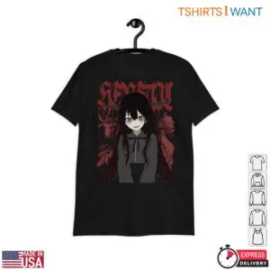 Black crew neck t-shirt on a hanger featuring a Gothic Anime dark manga girl in front of red heavy metal lettering