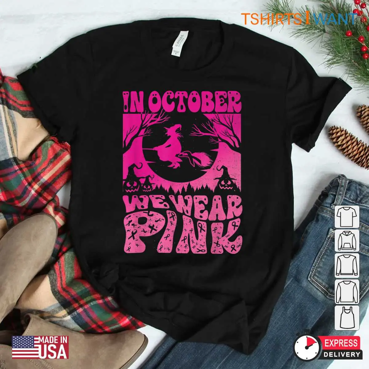 Halloween Breast Cancer Shirts: In October We Wear Pink Witch Ribbon Halloween Tee 8 Halloween breast cancer shirts