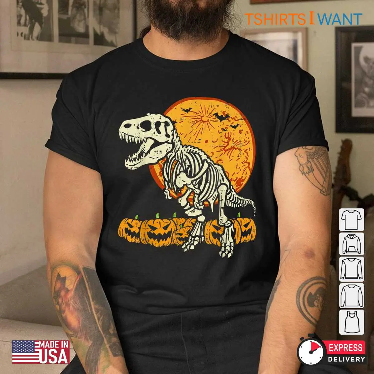 Halloween Dinosaur Shirt: T-Rex Skeleton Scary Pumpkin Moon Halloween Tee 5 Halloween Dinosaur Shirt T Rex Skeleton Moon Tee 5 1.jpg