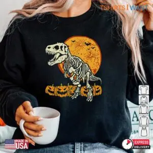 Halloween Dinosaur Shirt: T-Rex Skeleton Scary Pumpkin Moon Halloween Tee 11 Halloween Dinosaur Shirt T Rex Skeleton Moon Tee 6 1.jpg
