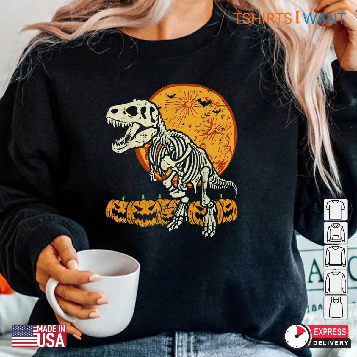 Halloween Dinosaur Shirt: T-Rex Skeleton Scary Pumpkin Moon Halloween Tee 6 Halloween Dinosaur Shirt T Rex Skeleton Moon Tee 6 1.jpg