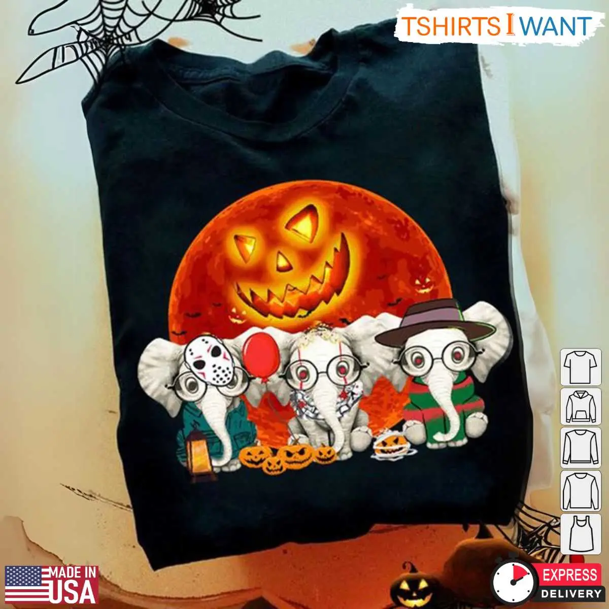 Halloween Elephants T-Shirt – Cute Horror Movie Character Elephants Graphic Tee 10 Halloween Elephants T-Shirt Front View