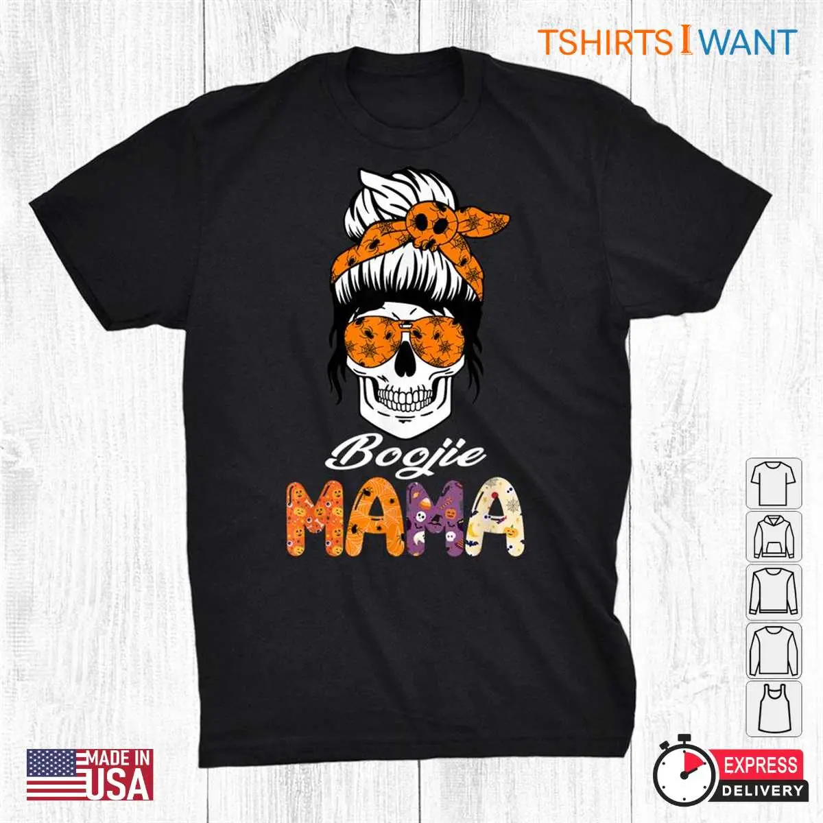 Halloween Mama Shirt: Boojie Mama Monster Skull Messy Bun Halloween Tee 8 Boojie Mama Monster Skull Halloween Tee