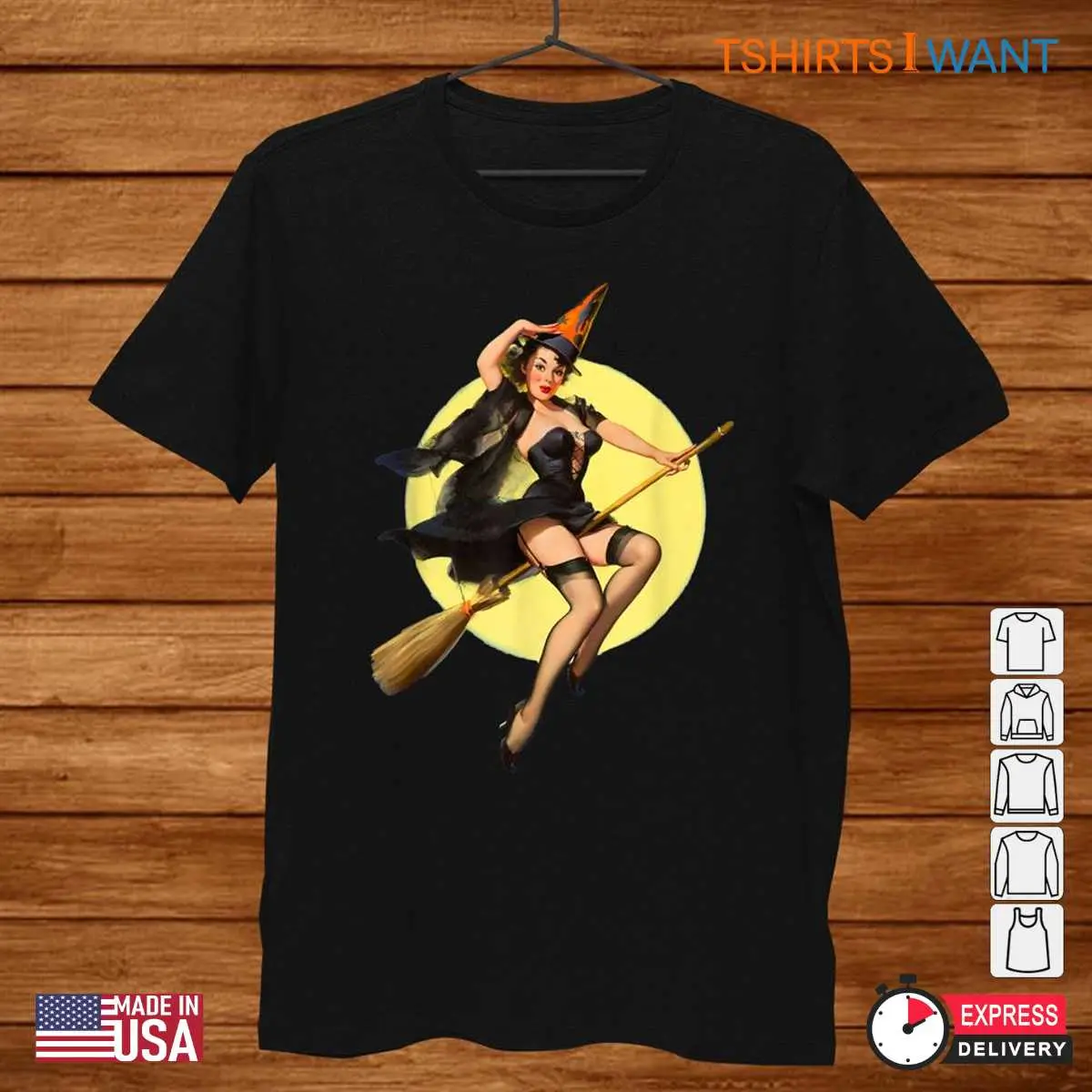 Halloween Pinup: Vintage Pin Up Witch Halloween Pinup Girl Funny Illustration Shirt 8 Halloween Pinup Witch Shirt Design