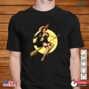 Halloween Pinup: Vintage Pin Up Witch Halloween Pinup Girl Funny Illustration Shirt 5 Halloween Pinup Vintage Witch Pin Up Tee 2 1.jpg