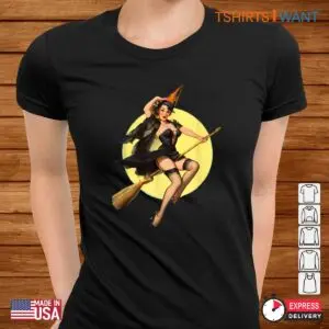 Halloween Pinup: Vintage Pin Up Witch Halloween Pinup Girl Funny Illustration Shirt 6 Halloween Pinup Vintage Witch Pin Up Tee 3 1.jpg