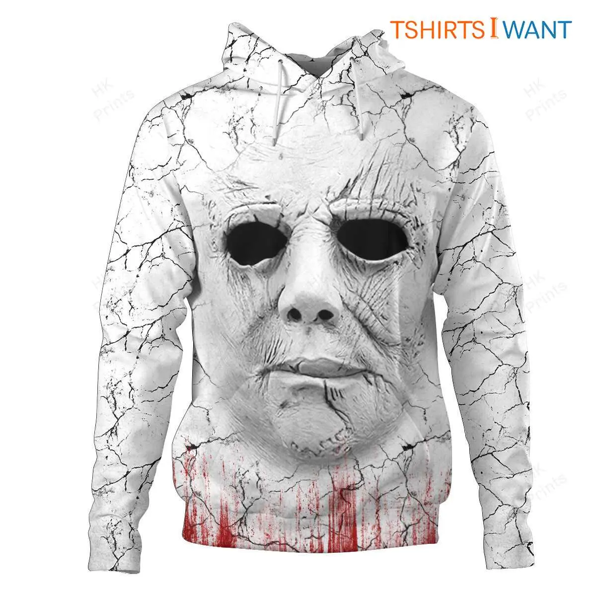 Halloween Scary Costumes, Michael Myers White Mask 3D Hoodie, Gifts for Horror Movie Fan 6 Halloween Scary Costumes, Myers White Mask 3D Hoodie Front
