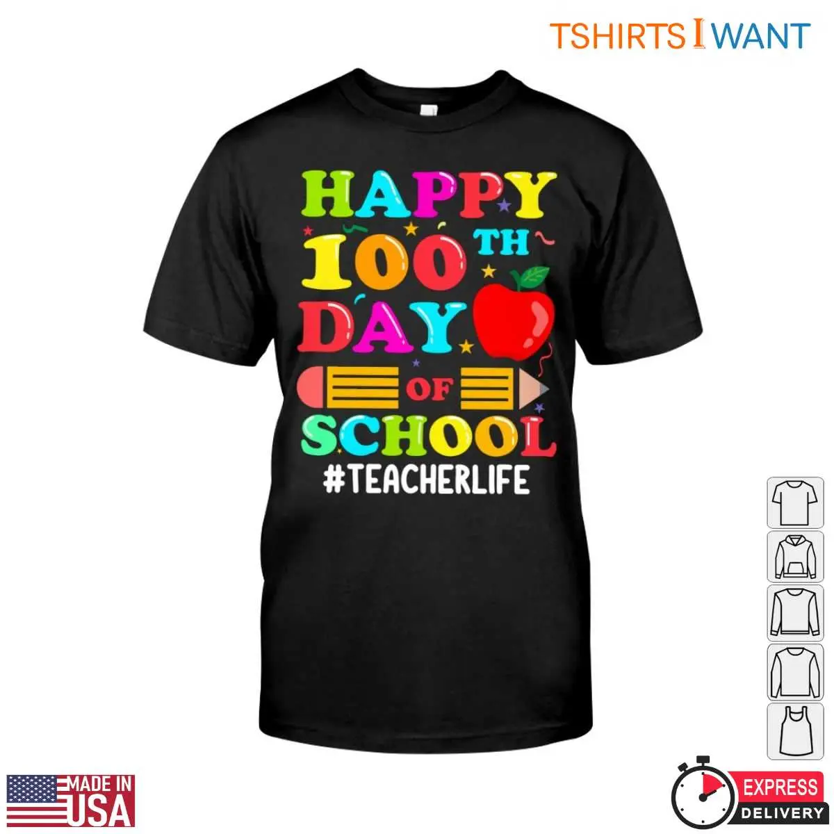 Happy 100th Day of School with Crayon and Apple Teacher Life T Shirt 1 1.jpg