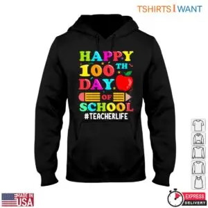 Happy 100th Day of School with Crayon and Apple Teacher Life T-Shirt 9 Happy 100th Day of School with Crayon and Apple Teacher Life T Shirt 4 1.jpg