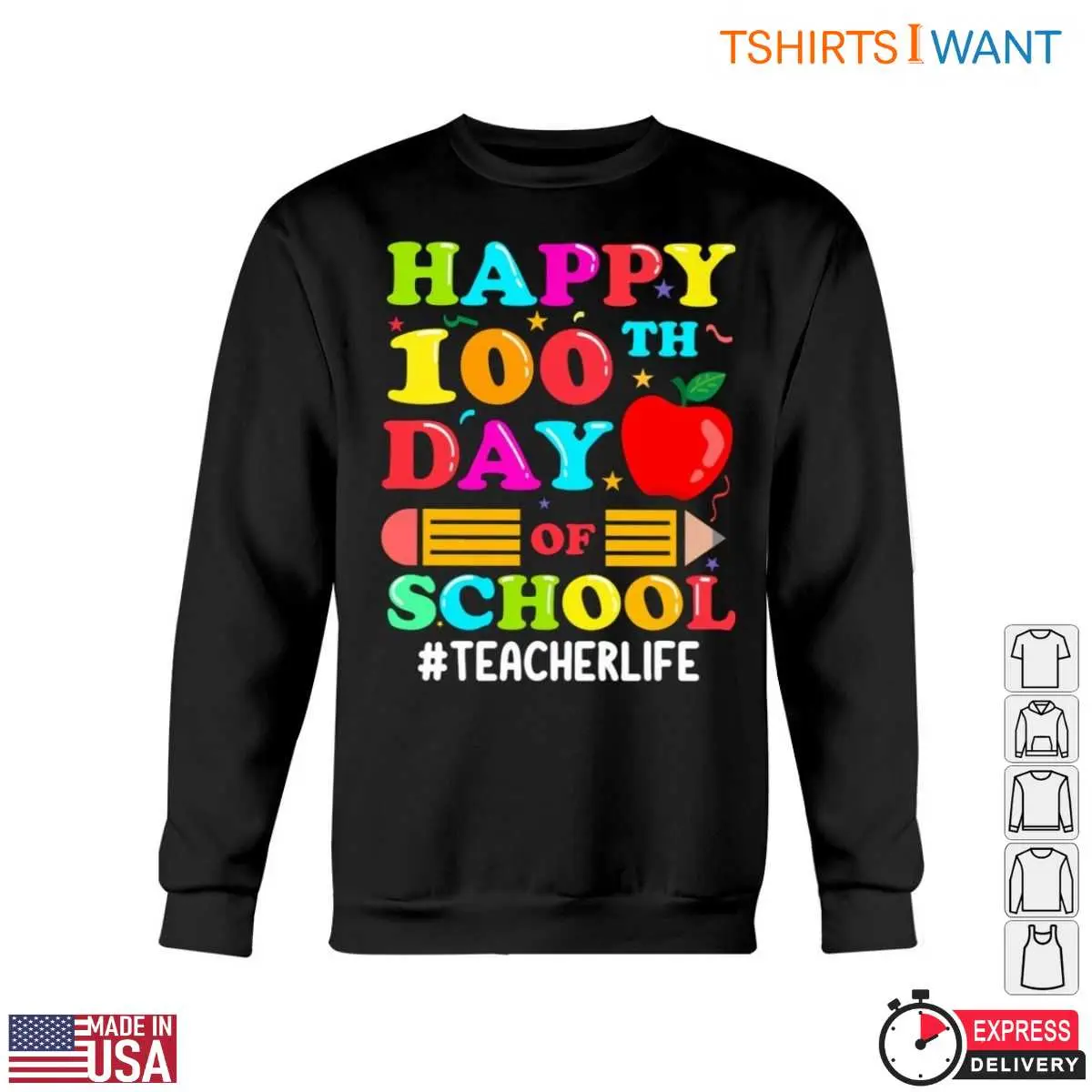 Happy 100th Day of School with Crayon and Apple Teacher Life T Shirt 6 1.jpg