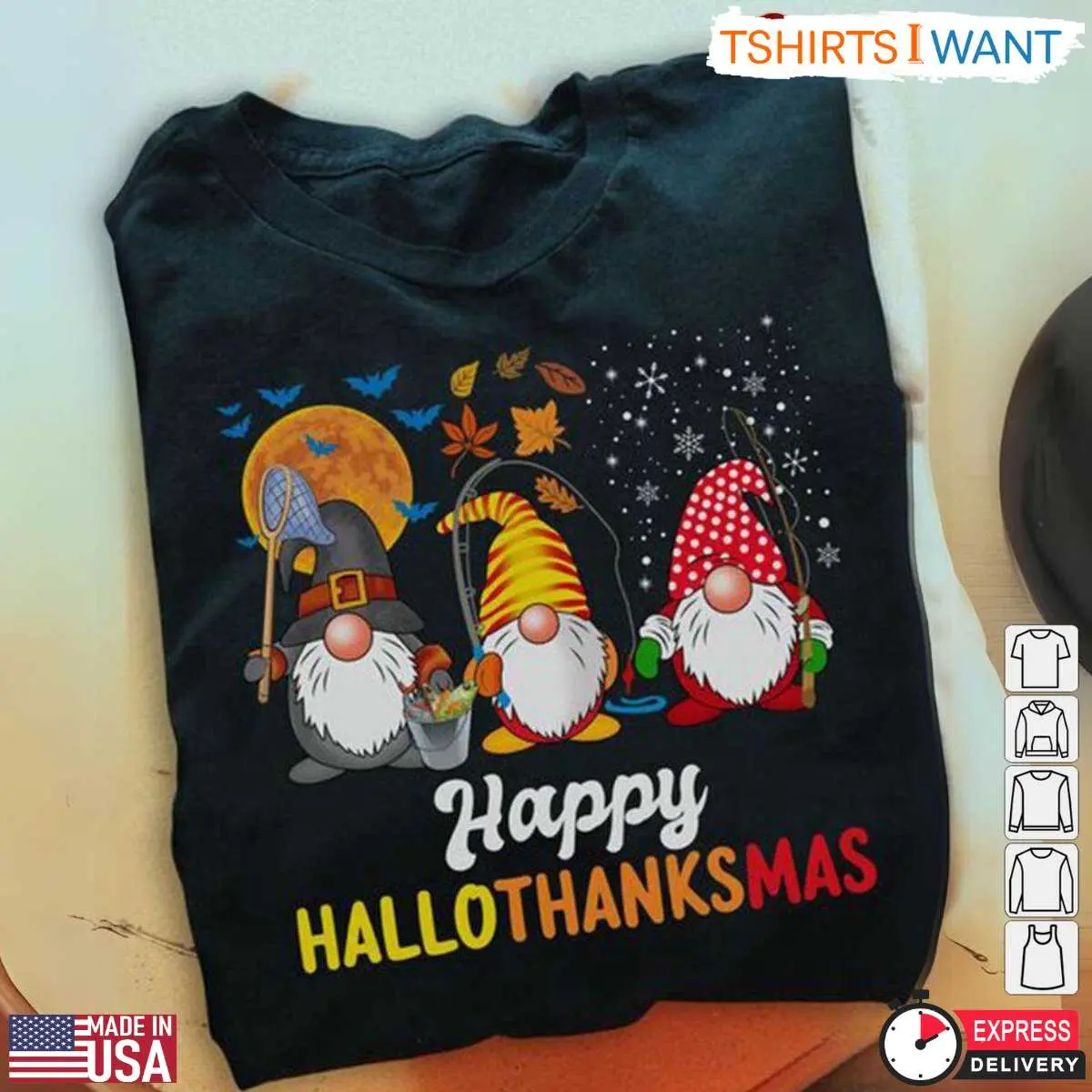 Happy HalloThanksMas Shirt E28093 Festive Gnome Design for All Seasons 1 1.jpg