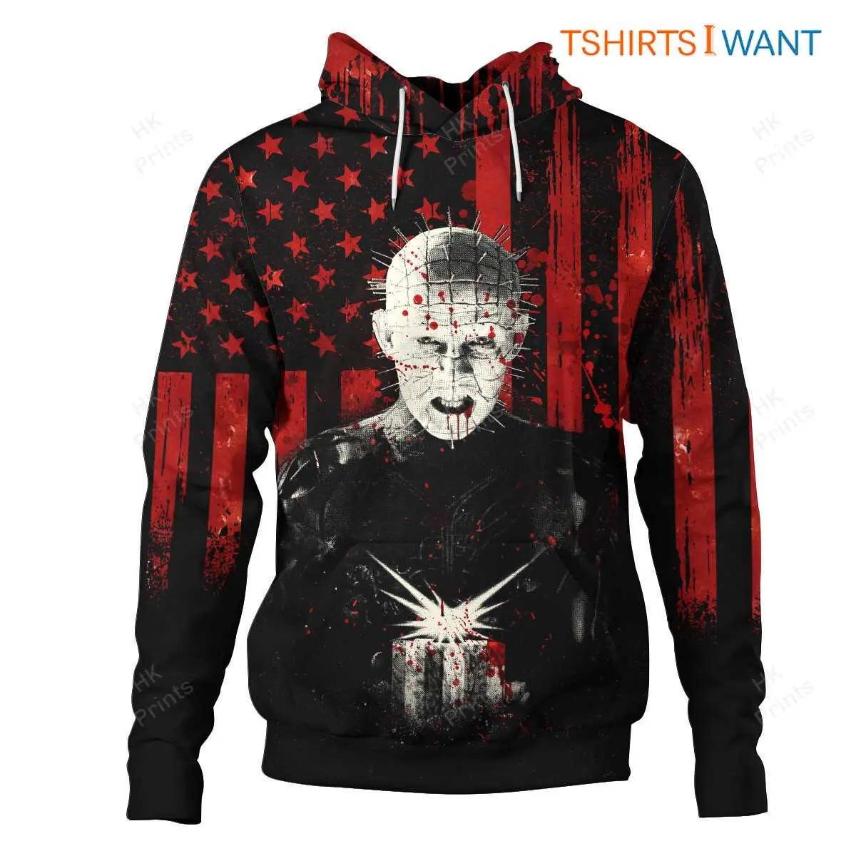 Hellraiser Merch Pinhead 3D Hoodie – American Flag Horror Theme, Scary Halloween Costume 6 Hellraiser Merch Pinhead 3D Hoodie Front