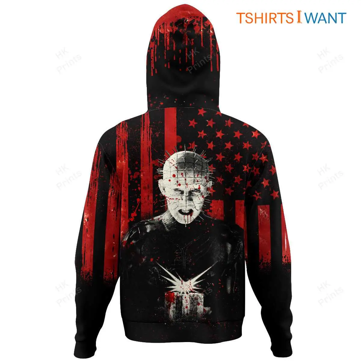 Hellraiser Merch Pinhead 3D Hoodie – American Flag Horror Theme, Scary Halloween Costume 7 Hellraiser Merch Pinhead 3D Hoodie Detail
