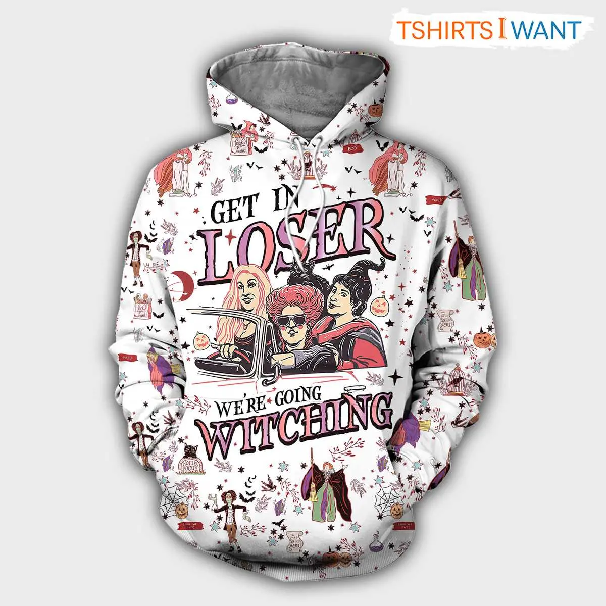 Hocus Pocus Hoodies Get In Loser We're Going Witching All-Over Print for Horror Movie Fans 8 Hocus Pocus Hoodie Front View