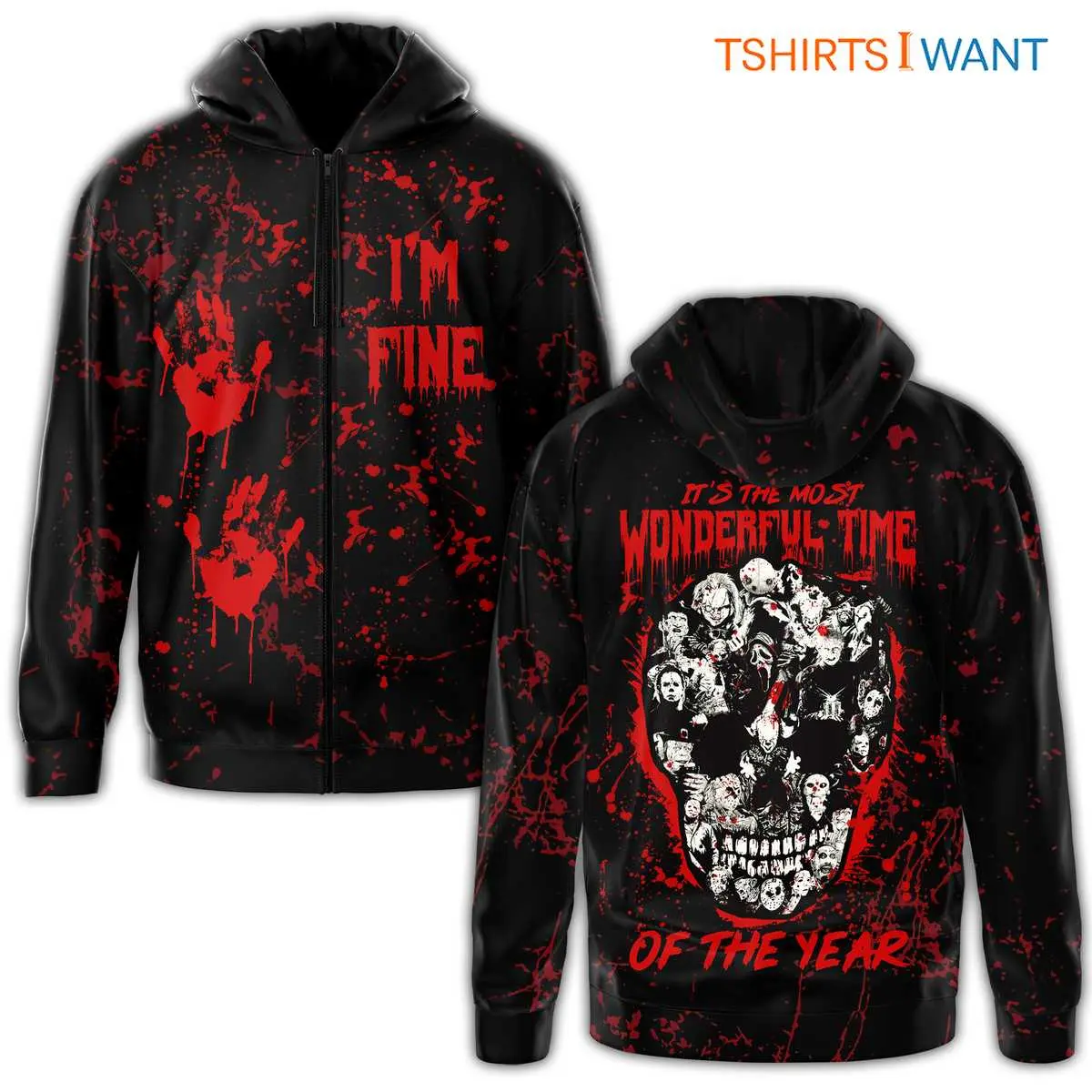 Horror Movie Character Hoodie - Wonderful Time of the Year, Spooky Season Zip-Up, All Over Printed 8 Horror Movie Character Hoodie Front View