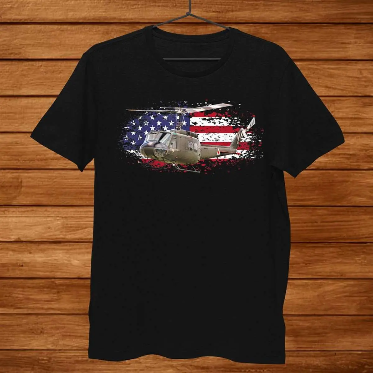 UH-1 Huey Helicopter in Vietnam with American Flag Vintage Shirt
