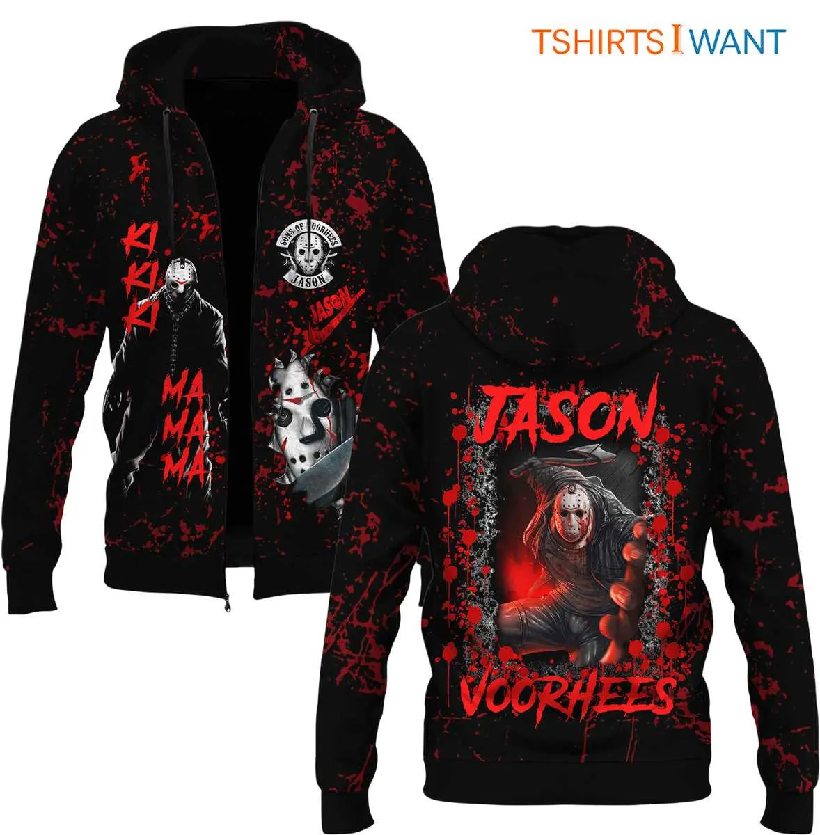 Jason Voorhees Hoodie - Friday the 13th Horror Movie Fan, Spooky Season 3D All Over Printed Zip-Up 8 Jason Voorhees Hoodie Front View