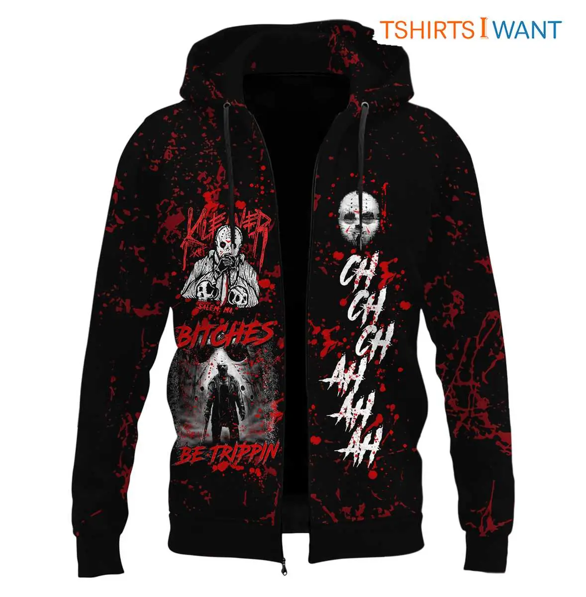 Jason Voorhees Hoodie with Mask - Kill Her Bitches, Be Trippin, Spooky Season Halloween Apparel 8 Jason Voorhees Hoodie Front View