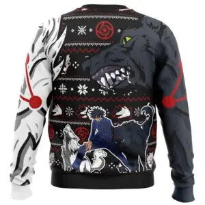 Back view of black and white Jujutsu Kaisen ugly Christmas sweater showing Megumi Fushiguro summoning his dark Divine Dog
