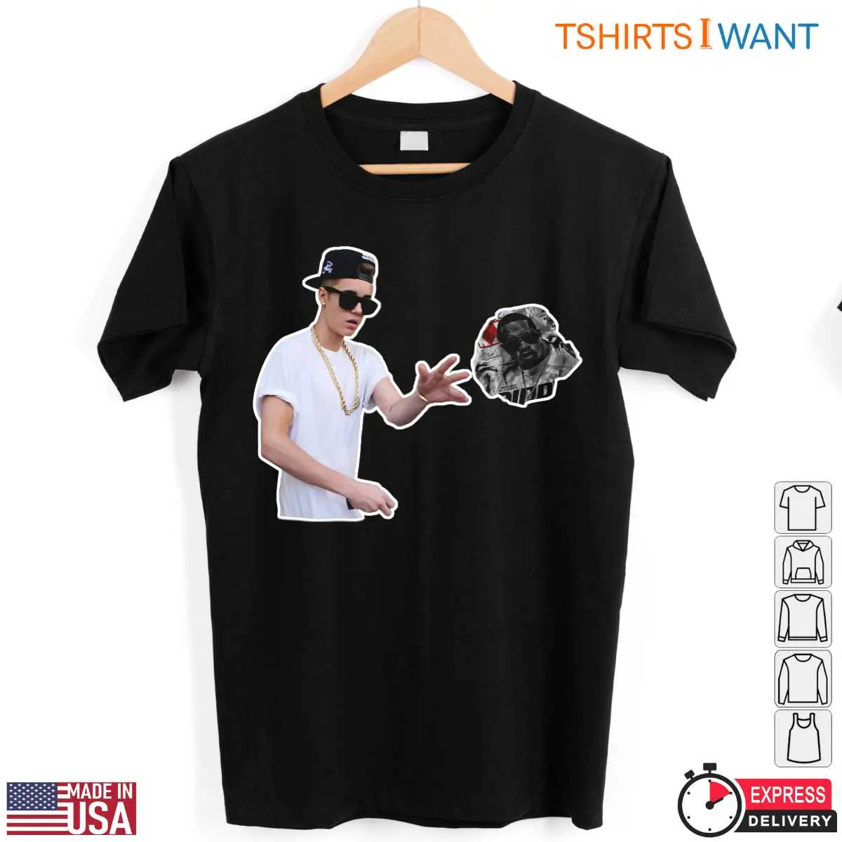 Justin Bieber Throwing Crumpled Newspaper Featuring Sean 'Diddy' Combs T Shirt Black