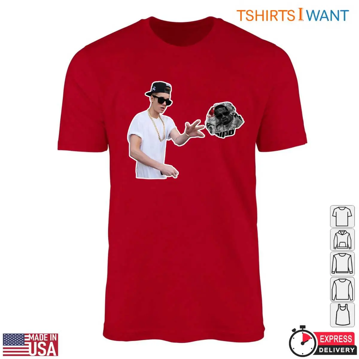 Justin Bieber Throwing Crumpled Newspaper Featuring Sean 'Diddy' Combs T Shirt Black Red
