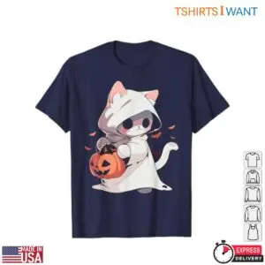 Navy blue flat lay t-shirt featuring a Kawaii Cat Costume ghost kitten holding a jack-o-lantern pumpkin bucket