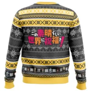 Back view of charcoal and yellow KonoSuba ugly Christmas sweater displaying the colorful Japanese anime logo and pixel sprites