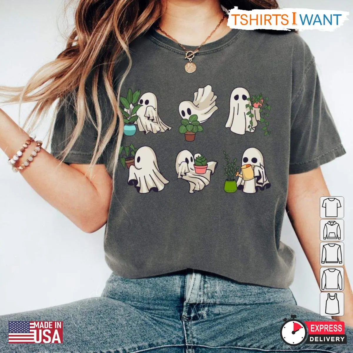 Little Ghost Vintage T-Shirt, Spooky Plant Friends Tee, Crazy Plant Lady Gift for Halloween Gardening 1 Untitled design 1