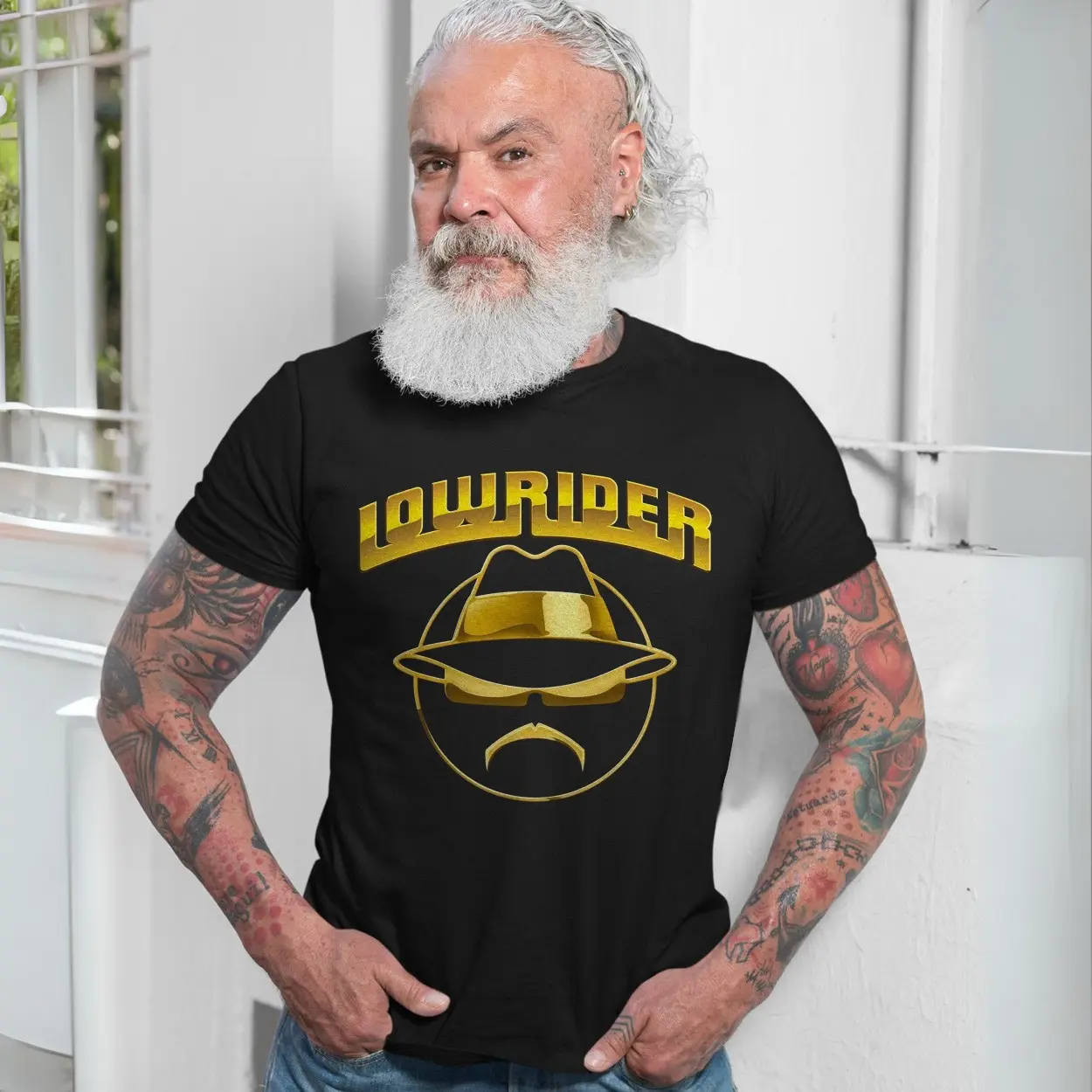 Lowrider Gold Logo Chicano Style Hat and Shades Graphic T Shirt 7 1.jpg
