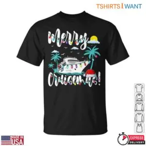 Black t-shirt featuring a cruise ship with holiday lights, palm trees, a Santa hat and Merry Cruisemas! text