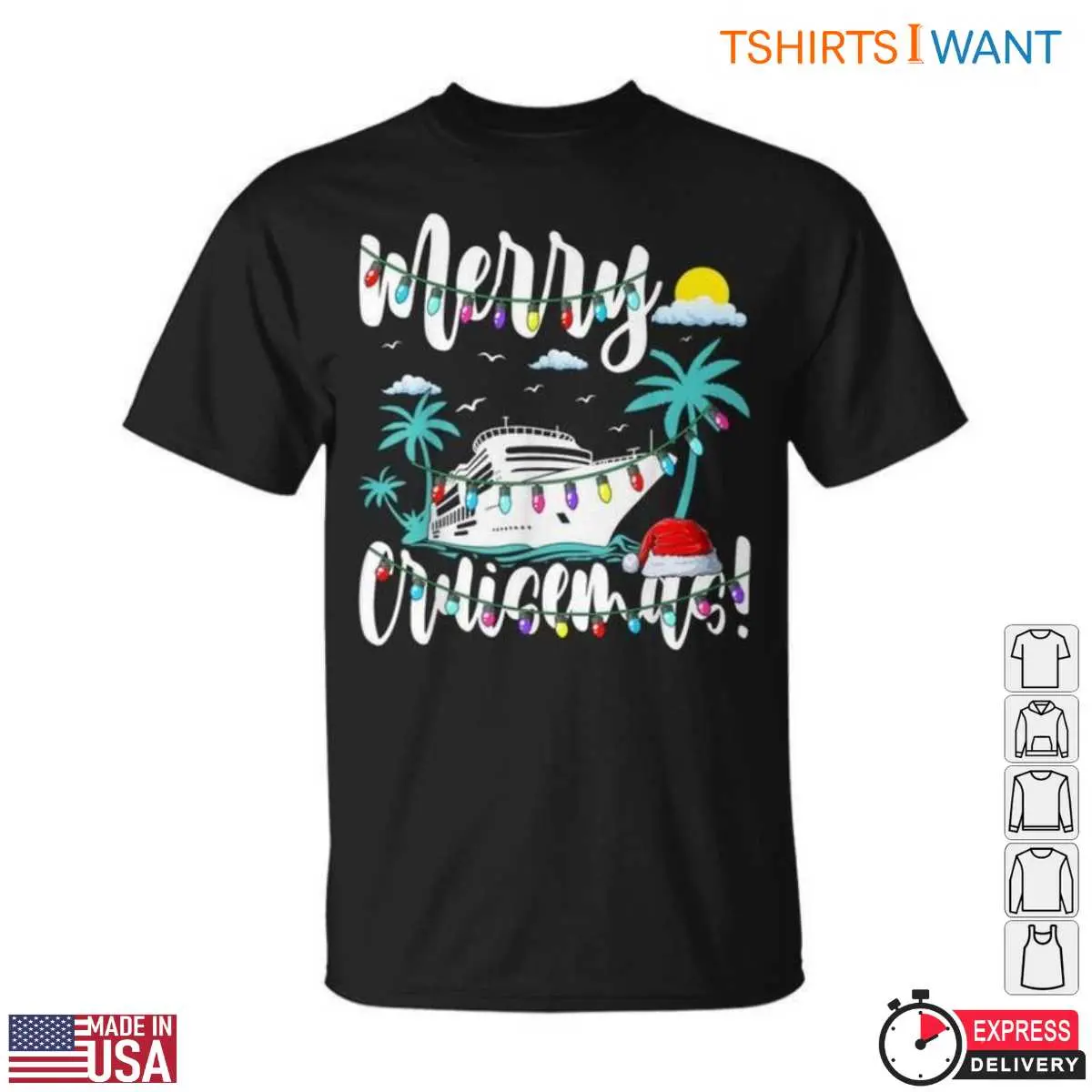 Merry Christmas Cruise T Shirt Tropical Ship with Lights and Santa Hat 1 1.jpg