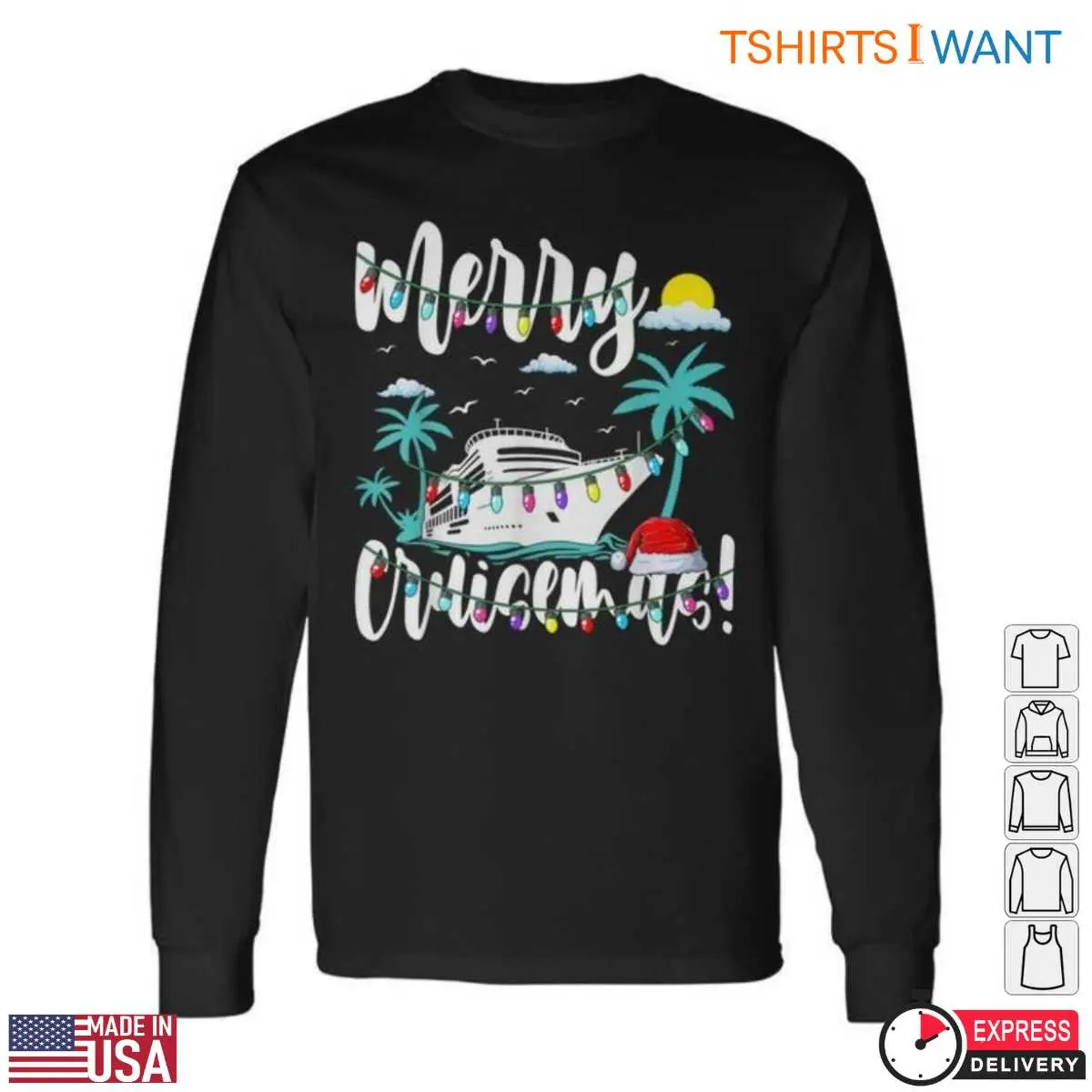 Merry Christmas Cruise T Shirt Tropical Ship with Lights and Santa Hat 2 1.jpg