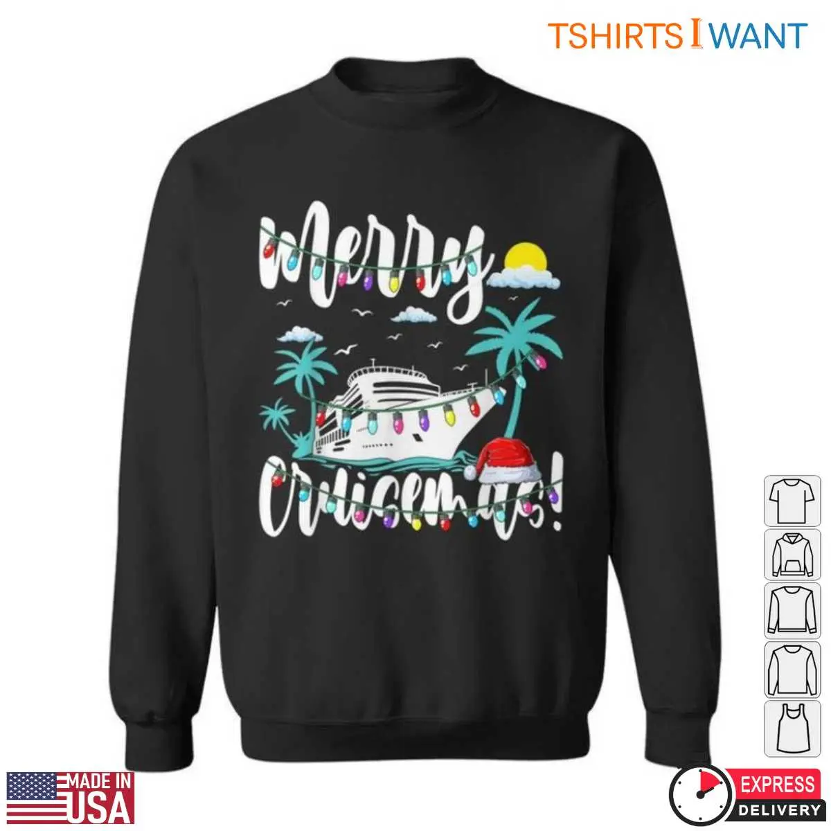 Merry Christmas Cruise T Shirt Tropical Ship with Lights and Santa Hat 3 1.jpg