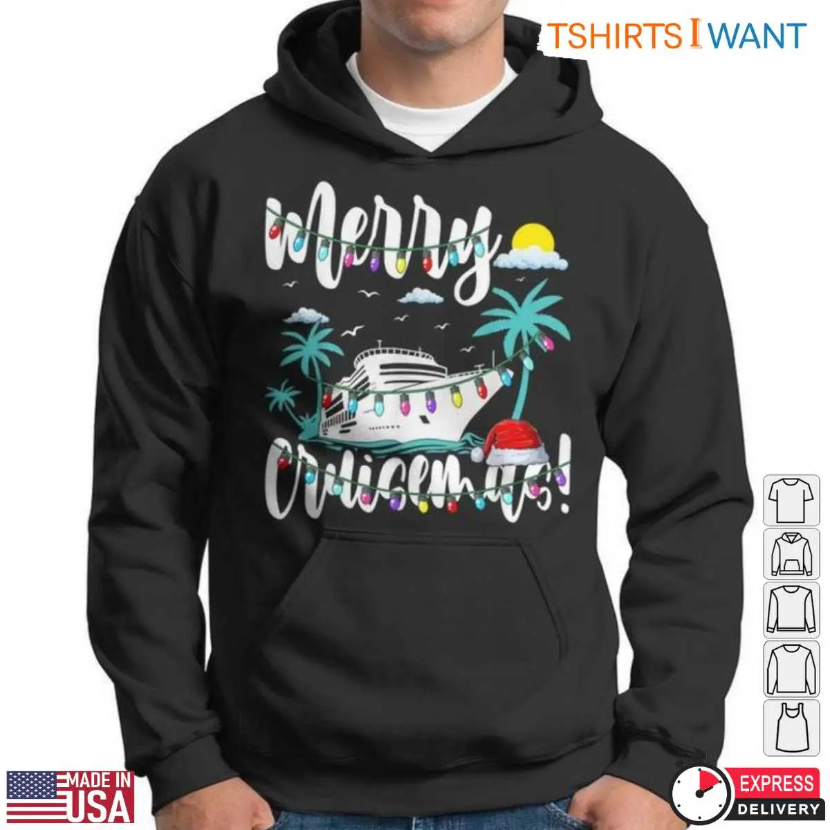 Merry Christmas Cruise T-Shirt - Tropical Ship with Lights and Santa Hat 13 Merry Christmas Cruise T-Shirt Detail