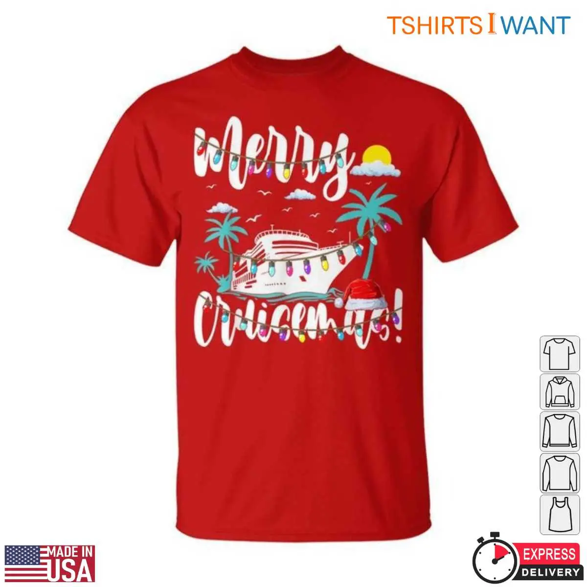 Merry Christmas Cruise T Shirt Tropical Ship with Lights and Santa Hat 5 1.jpg
