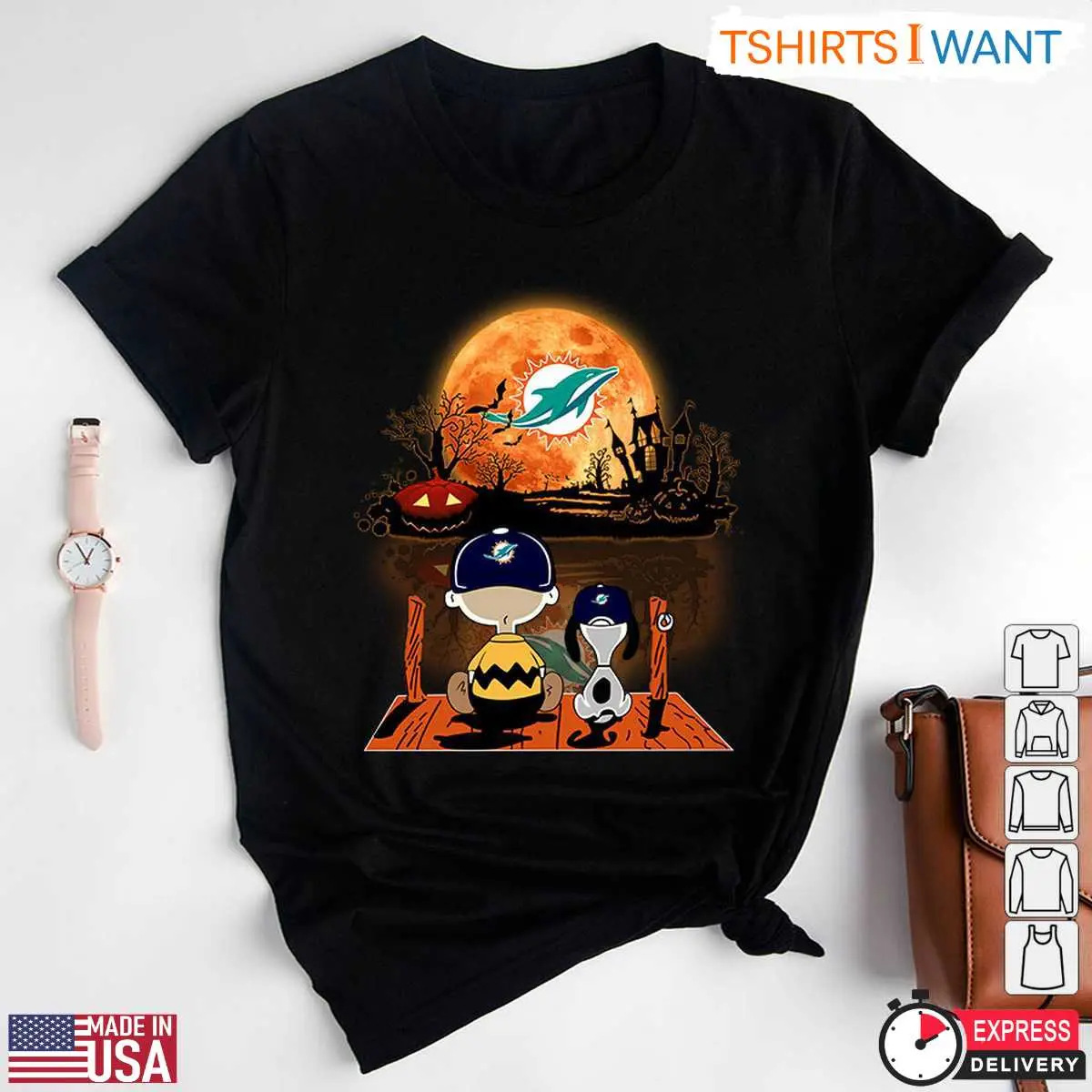 Miami Dolphins Snoopy Halloween T Shirt Charlie Brown and Snoopy Watching Dolphins Football Tee 1 1 1.jpg