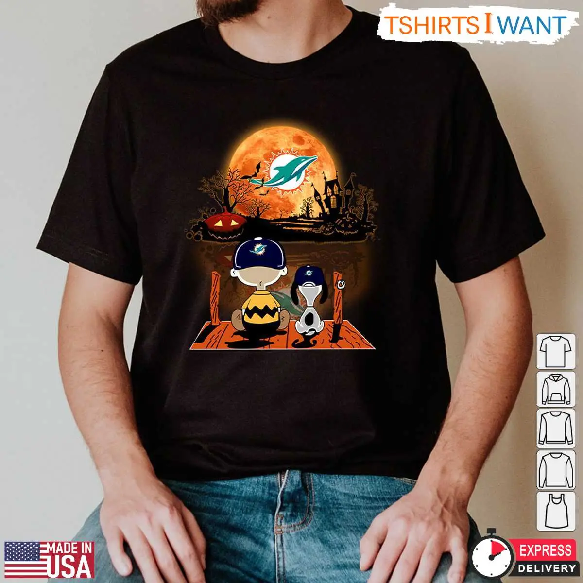 Miami Dolphins Snoopy Halloween T Shirt Charlie Brown and Snoopy Watching Dolphins Football Tee 2 1 1.jpg