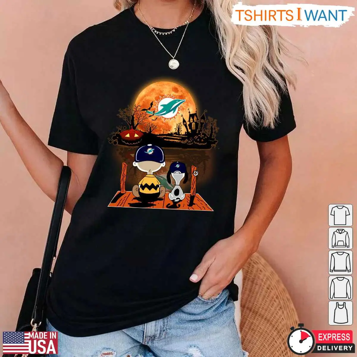 Miami Dolphins Snoopy Halloween T Shirt Charlie Brown and Snoopy Watching Dolphins Football Tee 3 1 1.jpg