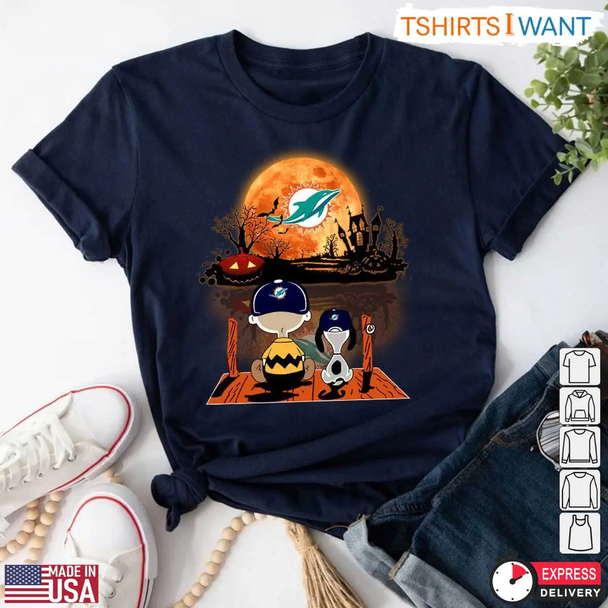 Miami Dolphins Snoopy Halloween T Shirt Charlie Brown and Snoopy Watching Dolphins Football Tee 4 1 1.jpg