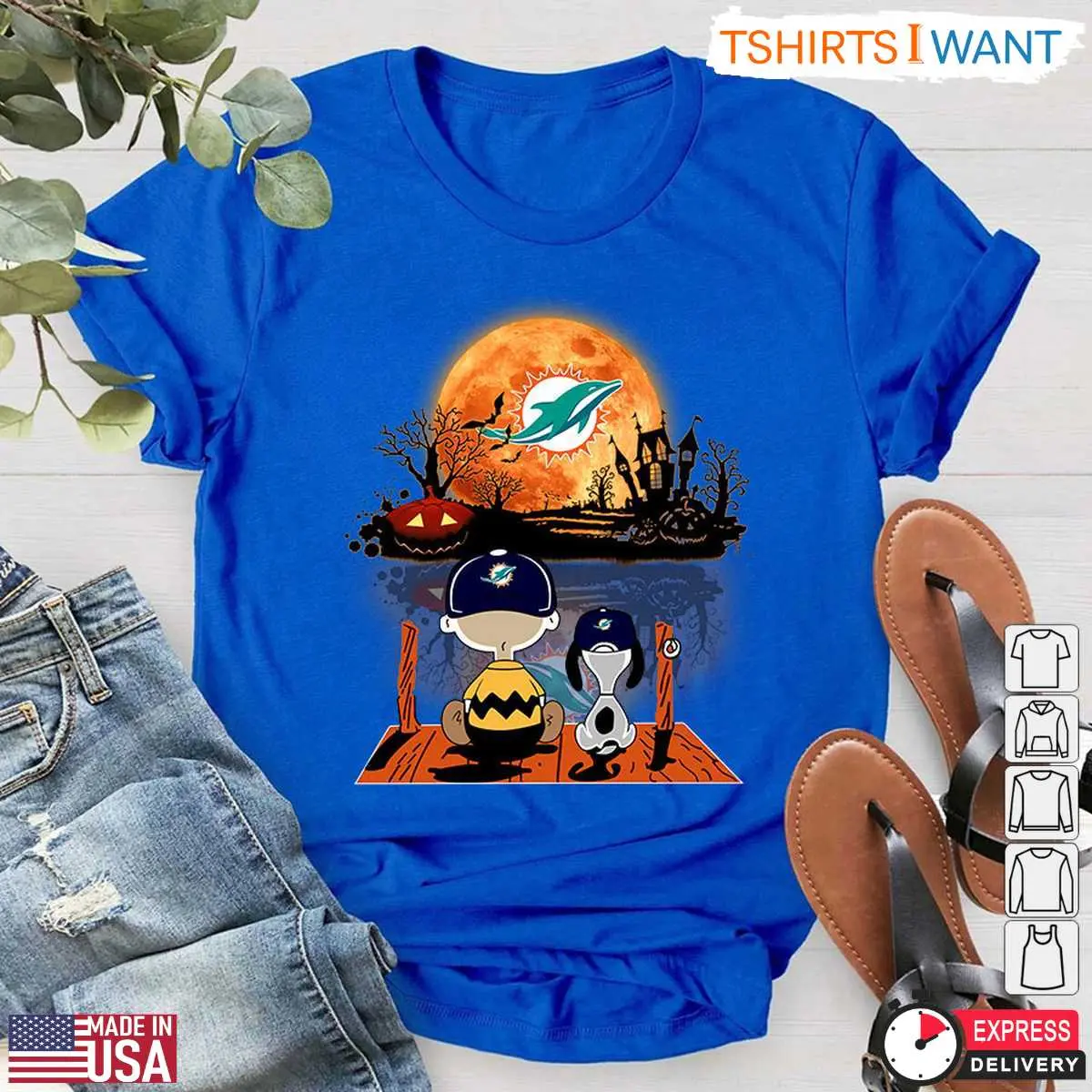 Miami Dolphins Snoopy Halloween T Shirt Charlie Brown and Snoopy Watching Dolphins Football Tee 5 1 1.jpg