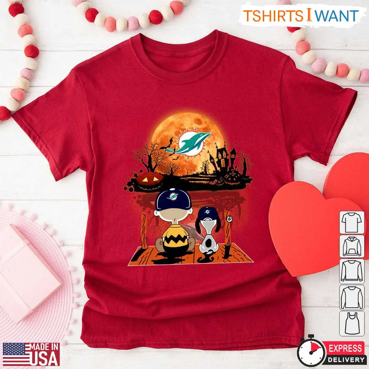 Miami Dolphins Snoopy Halloween T Shirt Charlie Brown and Snoopy Watching Dolphins Football Tee 8 1 1.jpg