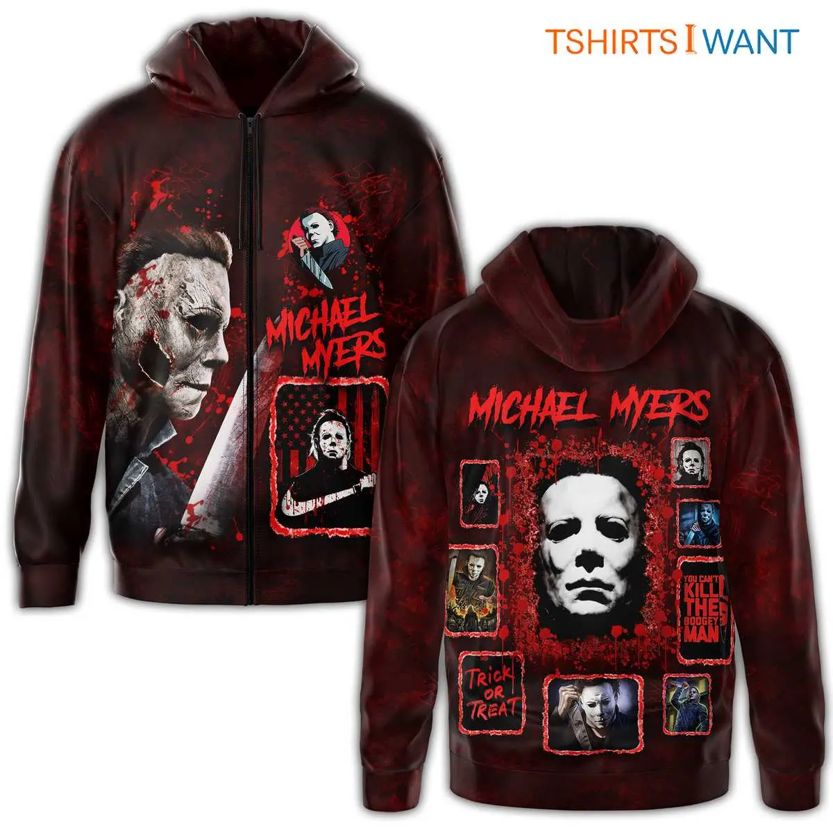 Michael Myers Collage Hoodie – Bloody Halloween Costume for Horror Fans 8 Michael Myers Collage Hoodie Front