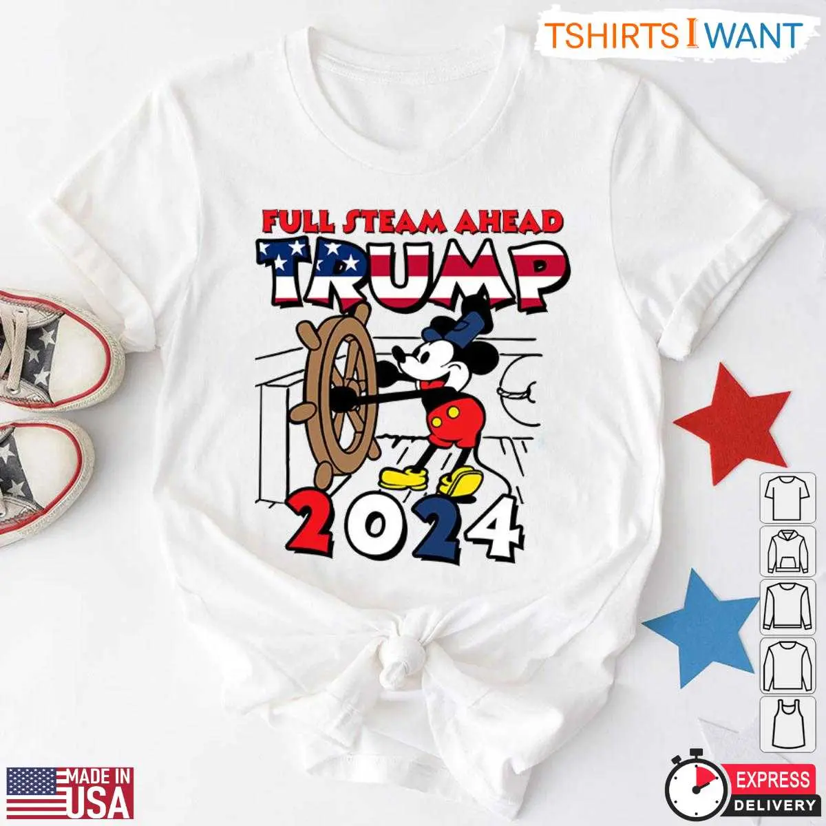 Mickey Trump Full Steam Ahead 2024 T-Shirt – Funny Political Cartoon Parody Tee 12 Mickey Trump T-Shirt Front View