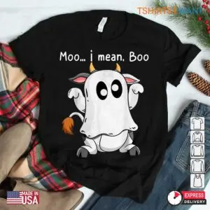Moo I Mean Boo: Ghost Cow Halloween Costume Shirt 7 Moo I Mean Boo Cow Ghost Costume 3 1.jpg