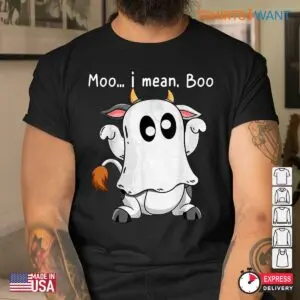 Moo I Mean Boo: Ghost Cow Halloween Costume Shirt 8 Moo I Mean Boo Cow Ghost Costume 4 1.jpg
