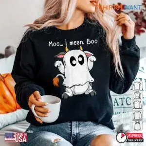 Moo I Mean Boo: Ghost Cow Halloween Costume Shirt 9 Moo I Mean Boo Cow Ghost Costume 5 1.jpg