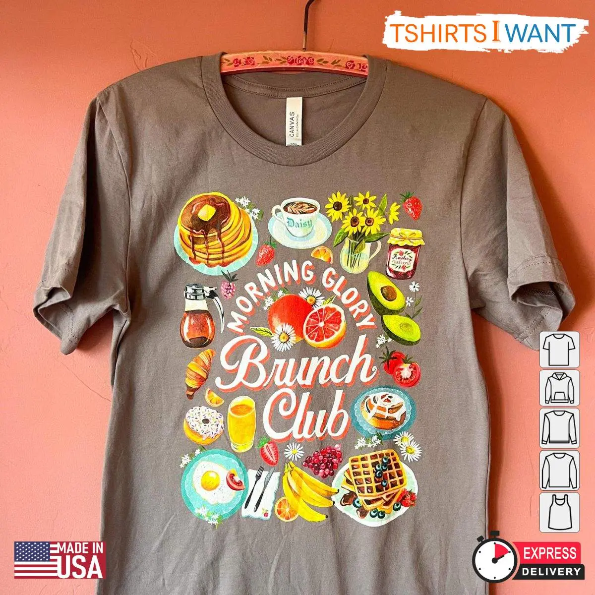 Morning Glory Brunch Club T-Shirt with Hand-Drawn Food Graphic – Perfect Weekend Brunch Outfit & Foodie Gift 12 Morning Glory Brunch Club T-Shirt front view