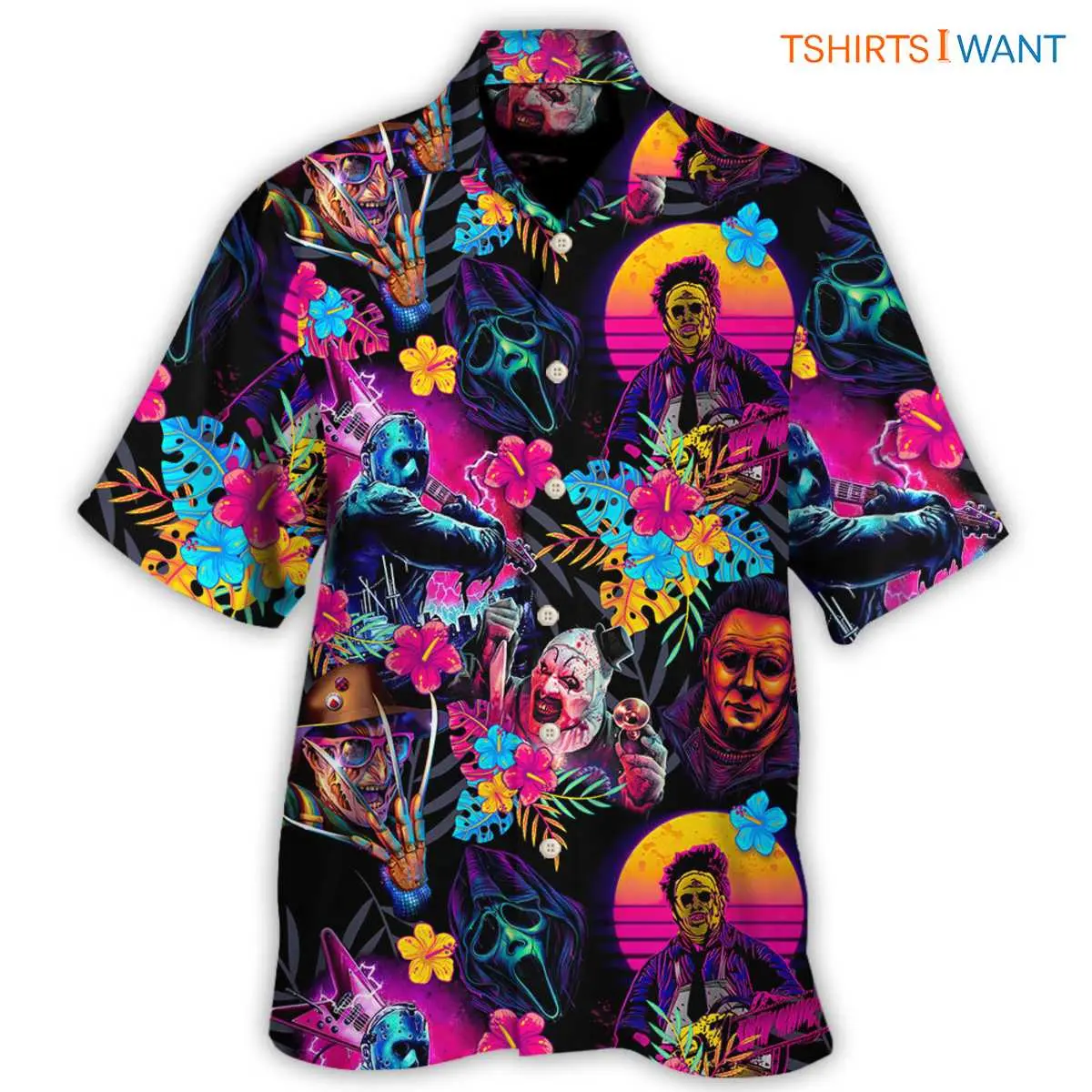 Movie Characters Hawaiian Shirt, Vibrant and Spooky Horror Beachwear 4 Movie Characters Hawaiian Shirt front view