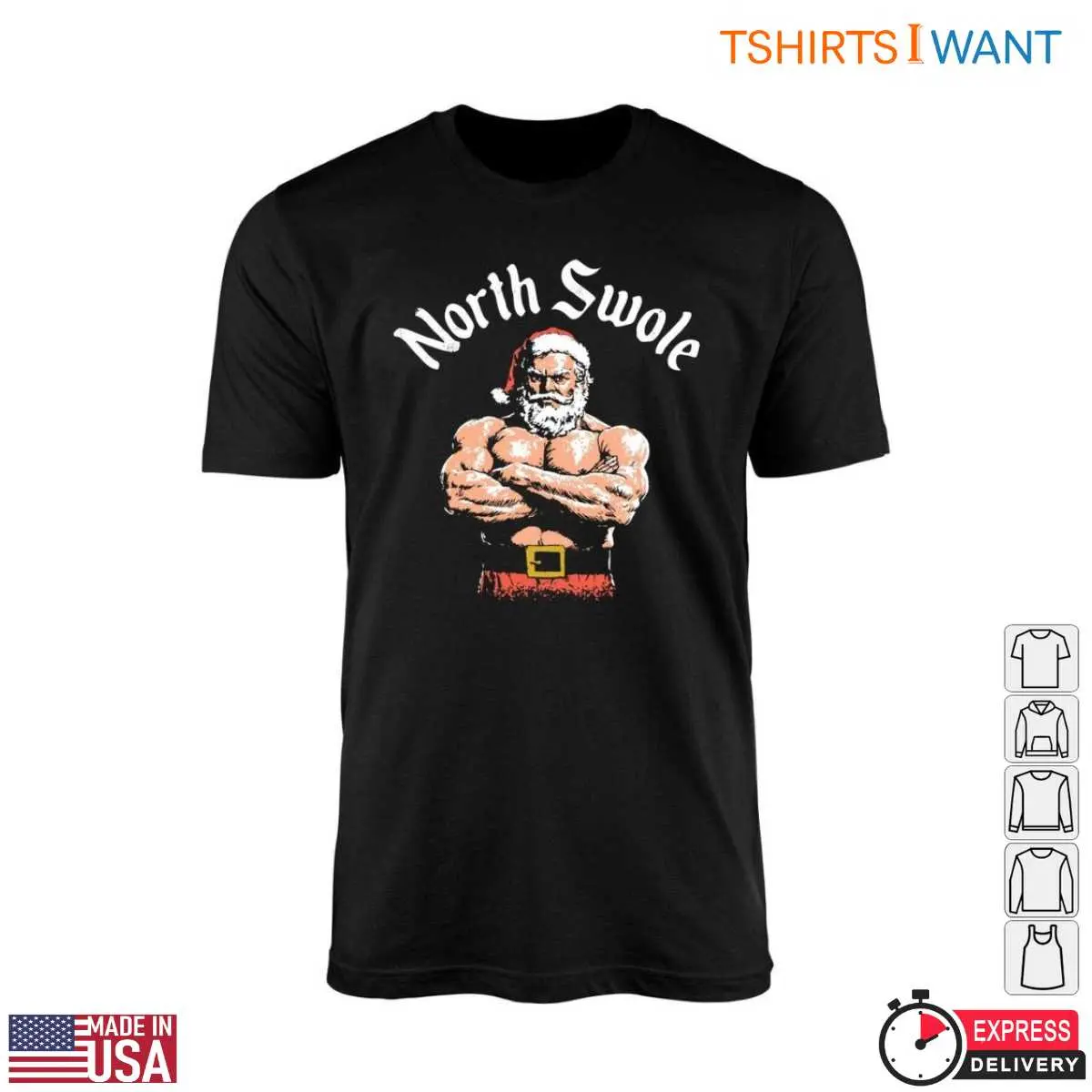 Muscle Santa T-Shirt –'North Swole' Festive Christmas Apparel 10 Muscle Santa Christmas T-Shirt Front View