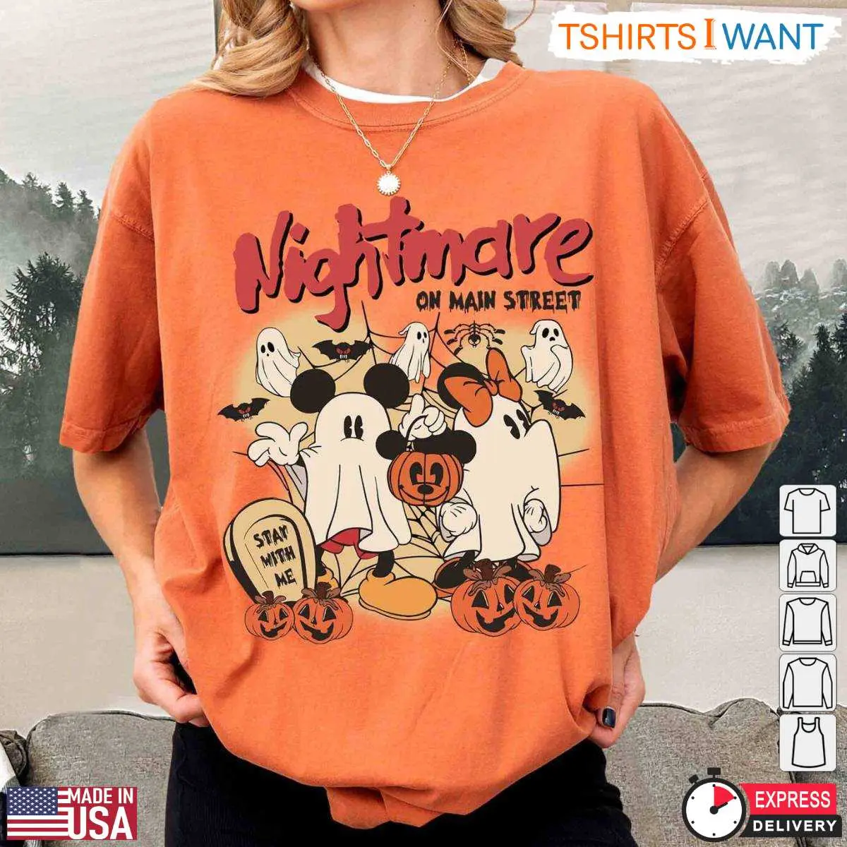 Nightmare on Main Street Halloween Sweatshirt – Retro Mickey and Minnie Ghost Costume Design 3